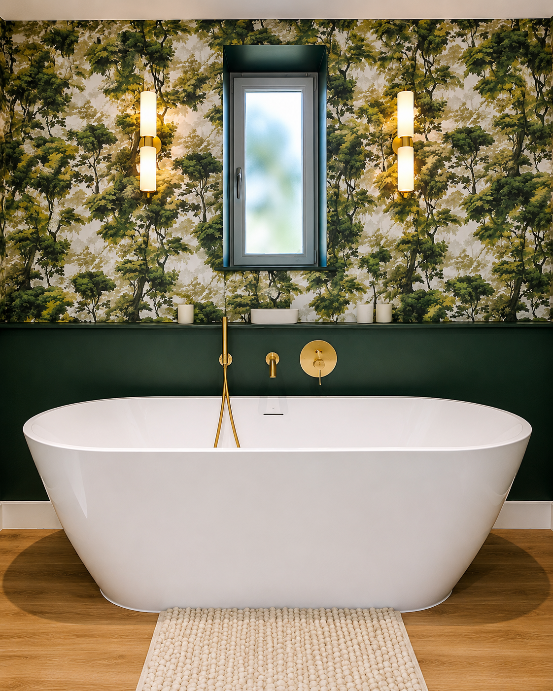 Freestanding bath with botanical wallpaper, dark green panelling and brass fixtures