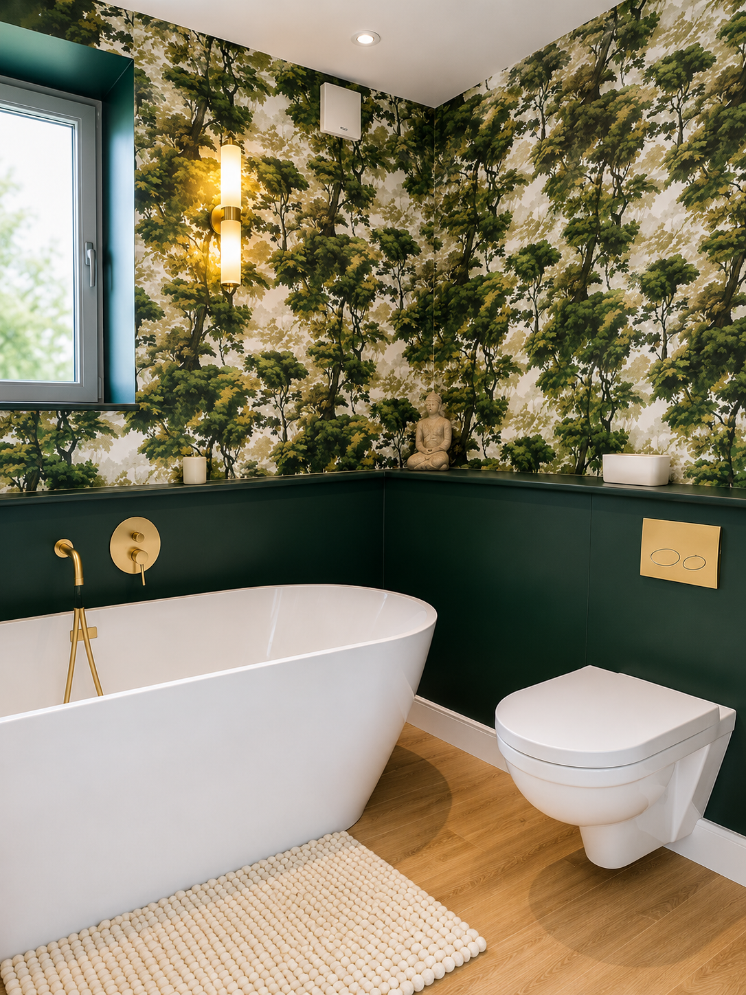 Freestanding bath with forest wallpaper, dark green panelling and brass fixtures