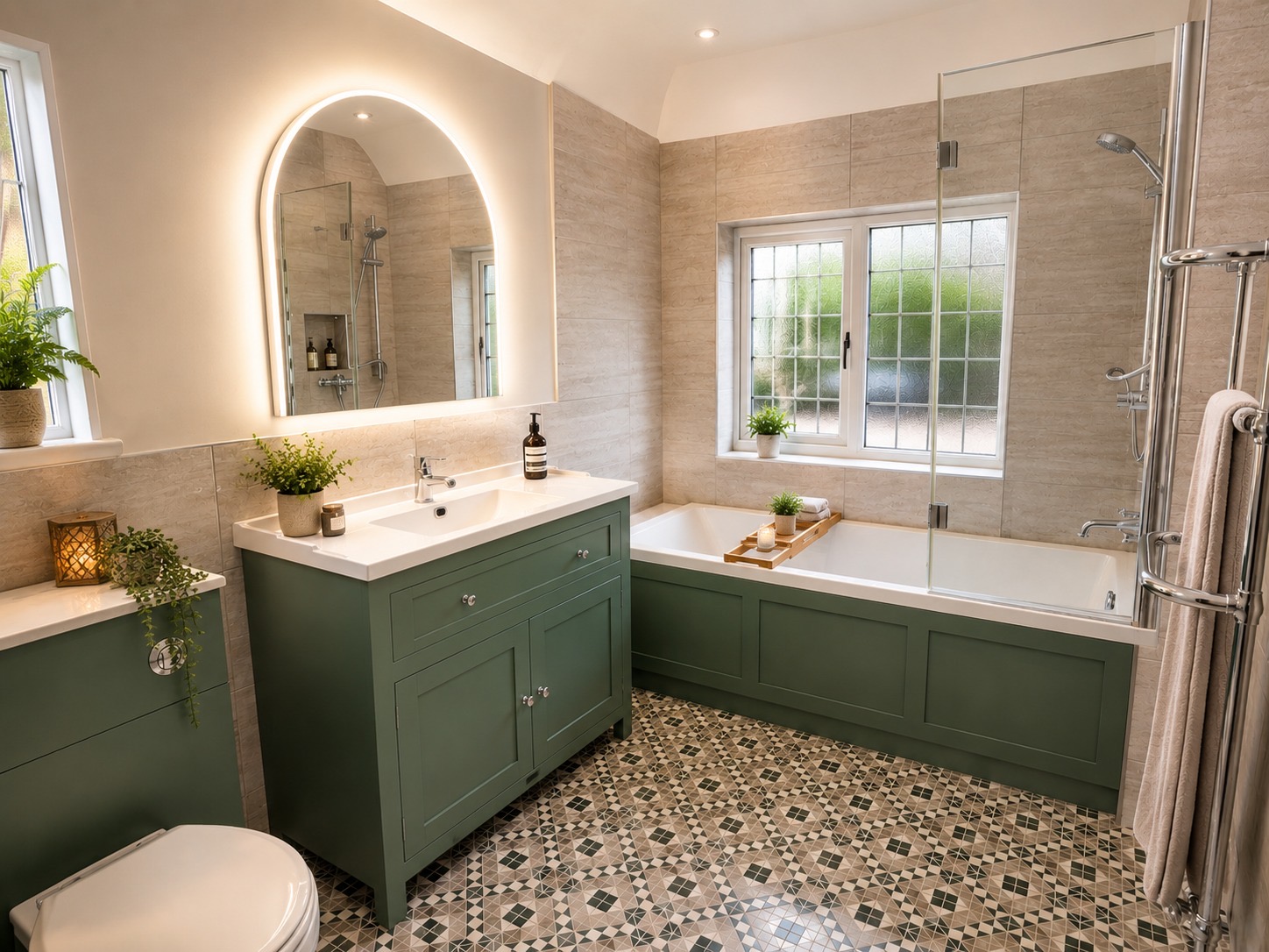 Sage green bathroom with arched LED mirror, bath panel and patterned floor tiles